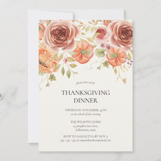 Invitation Dîner d'action de grâces rustique Citrouille aquar (Devant)