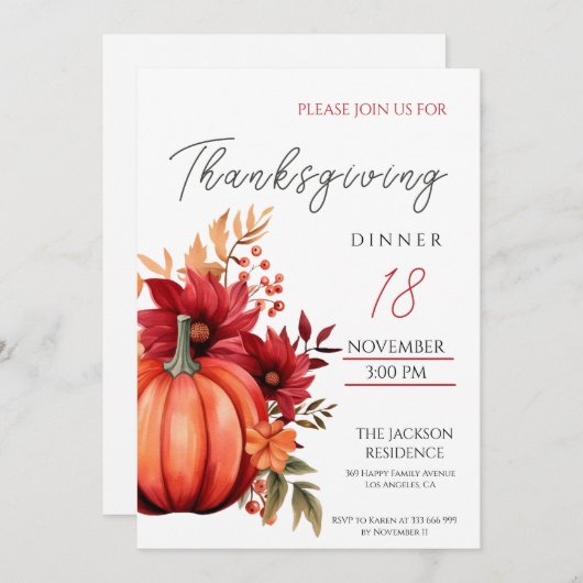 Invitation Dîner d'action de grâces rustique Citrouille rouge (Devant / Derrière)