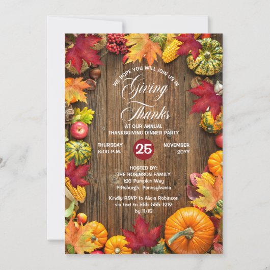 Invitation Dîner d'action de grâces - Rustique Woodsy Giving (Devant)