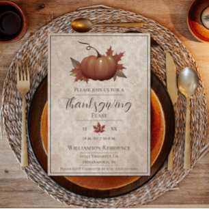 Invitation Dîner Damask Citrouille Thanksgiving   Beige