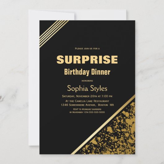 Invitation Dîner d'anniversaire Black and Gold Surprise (Devant)