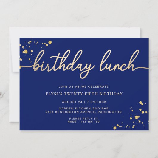Invitation Dîner d'anniversaire bleu marine or (Devant)