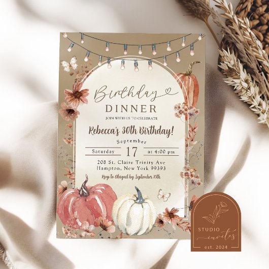 Invitation Dîner d'anniversaire Boho Wildflower Pumpkin