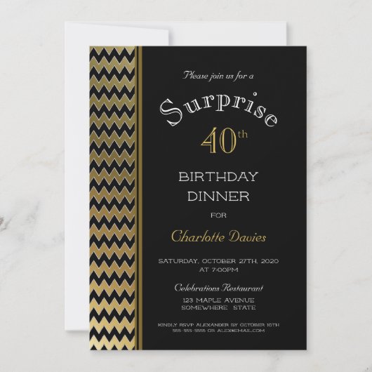 Invitation Dîner d'anniversaire des 40 ans Black Gold Chevron (Devant)