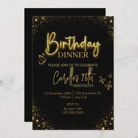 Invitation Dîner d'anniversaire Gold Light (Devant / Derrière)
