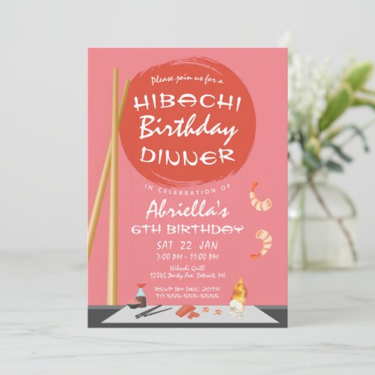 Invitation Dîner d'anniversaire Hibachi rose Fête Hibachi ros (Debout devant)
