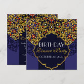 Invitation Dîner d'anniversaire Luxueux Bleu Rouge Or Bijou (Devant / Derrière)