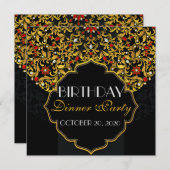 Invitation Dîner d'anniversaire Luxueux Noir Rouge Or Bijoux (Devant / Derrière)