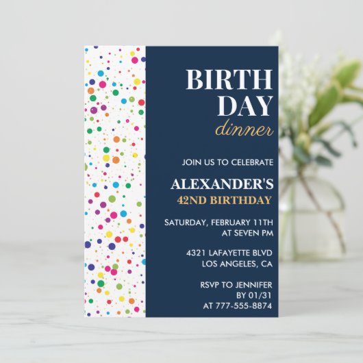 Invitation Dîner d'anniversaire Marine Blue Confetti 42e anni (Debout devant)