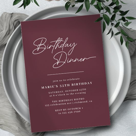 Invitation Dîner d'anniversaire moderne simple Rouge Bourgogn