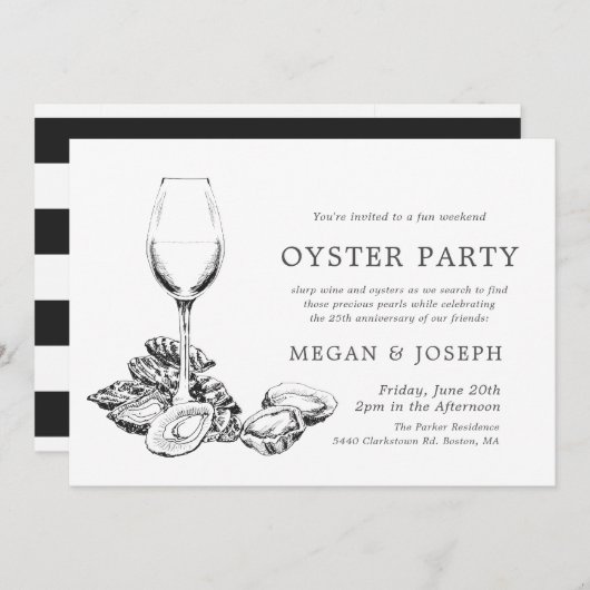 Invitation Dîner d'anniversaire Oyster Pearl | Rayures noires (Devant / Derrière)
