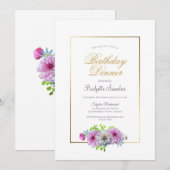 Invitation Dîner d'anniversaire Pink Blue Floral Gold Party (Devant / Derrière)