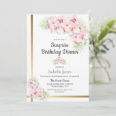 Invitation Dîner d'anniversaire rose et or Floral Surprise (Debout devant)