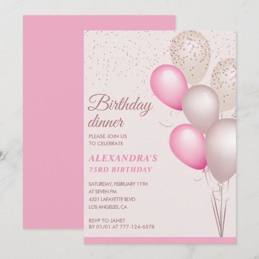 Invitation Dîner d'anniversaire rose moderne 73e anniversaire (Devant / Derrière)
