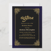 Invitation Dîner de 18e anniversaire noir et or (Devant)