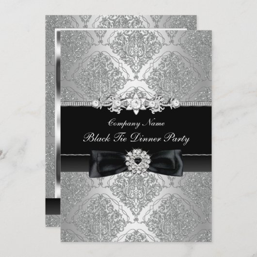 Invitation Dîner de Cravate noire Damask & Bow Corporate (Devant / Derrière)