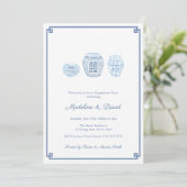 Invitation Dîner de fête classique Blue & White Engagement (Debout devant)
