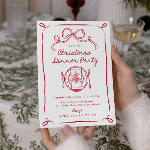 Invitation Dîner de fête de Noël au nœud rouge fantaisiste