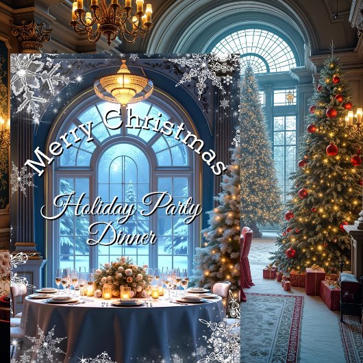 Invitation Dîner de fête de Noël Flocon de neige bleu arbre