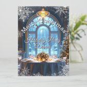 Invitation Dîner de fête de Noël Flocon de neige bleu arbre (Debout devant)