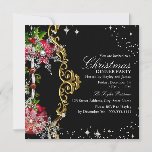 Invitation Dîner de fête de Noël flocon de neige vert rouge n (Devant)