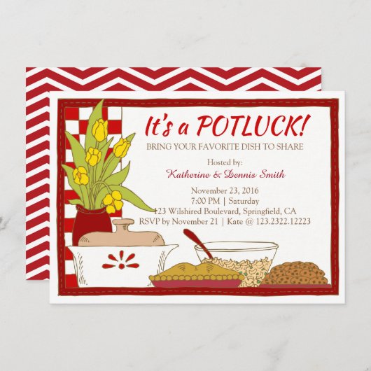 Invitation Dîner de fête de Potluck ou déjeuner Anniversaire (Devant / Derrière)