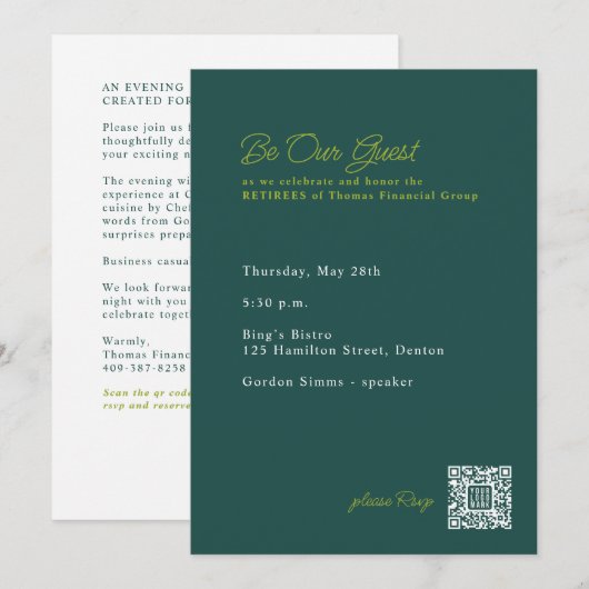 Invitation Dîner de fête de retraite avec QR code (Devant / Derrière)