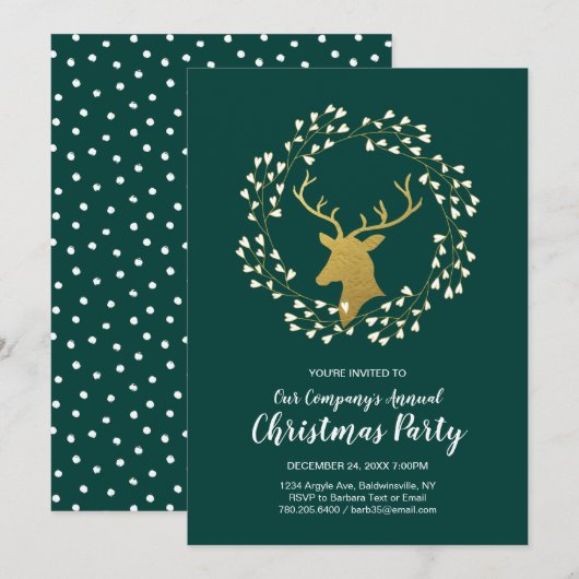 Invitation Dîner de fête moderne de Noël vert et or (Devant / Derrière)