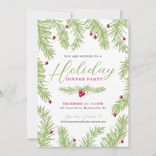 Invitation Dîner de fête vert sapin rouge (Devant)