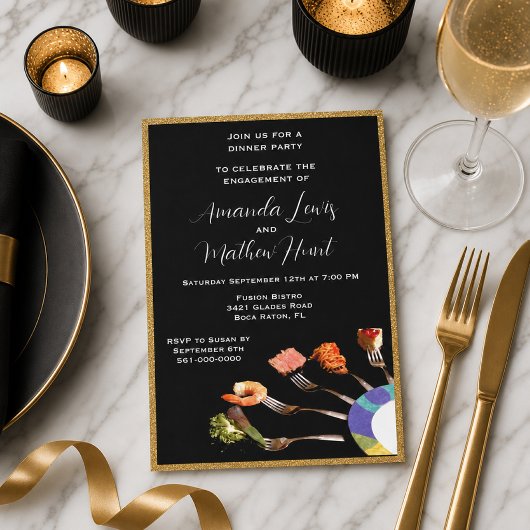 Invitation Dîner de Fiançailles Moderne (5x7) Noir/Or 