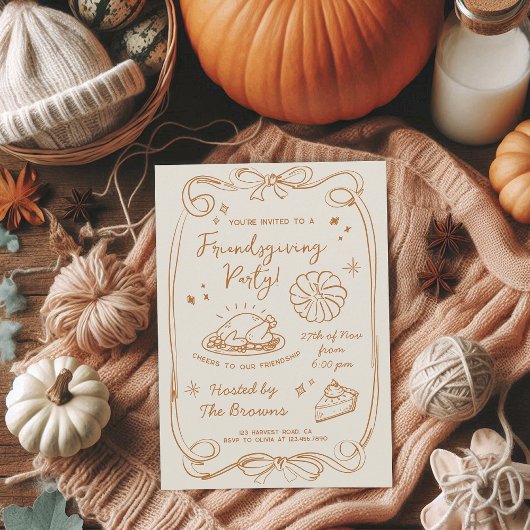 Invitation Dîner de Friendsgiving Dessin à la Main Doodle Aut