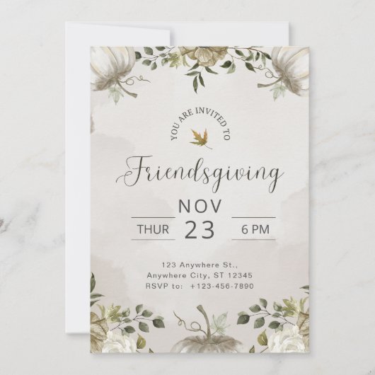 Invitation Dîner de Friendsgiving floral blanc et beige (Devant)