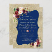 Invitation Dîner de la Royal Navy Blue Blush Floral Gold (Devant / Derrière)