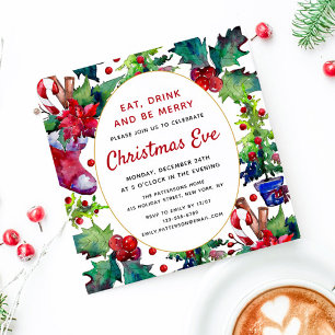 Invitation Dîner de la veille de Noël Stocking Aquarelle Holl
