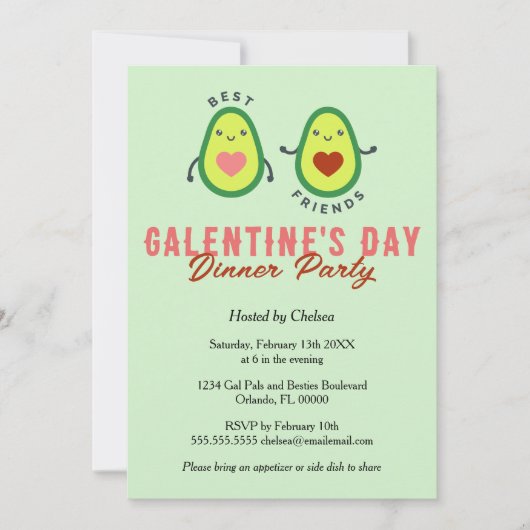 Invitation Dîner de l'Avocado Cute Galentine's Day (Devant)