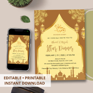 Invitation Dîner de l'Iftar sous l'arche islamique dorée et m
