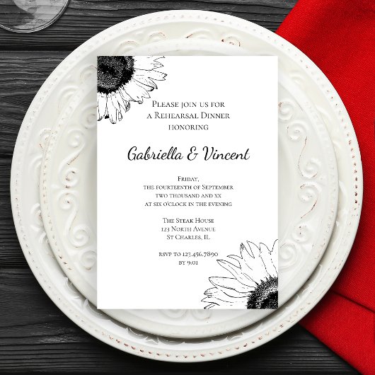 Invitation Dîner de Mariage de tournesol noir et blanc