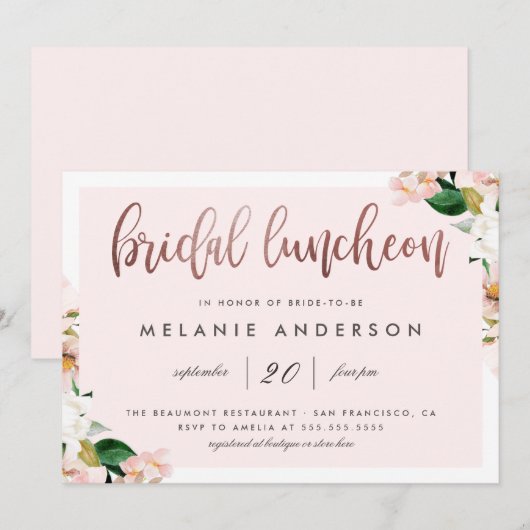 Invitation Dîner de mariée au Rose Floral Gold Script (Devant / Derrière)