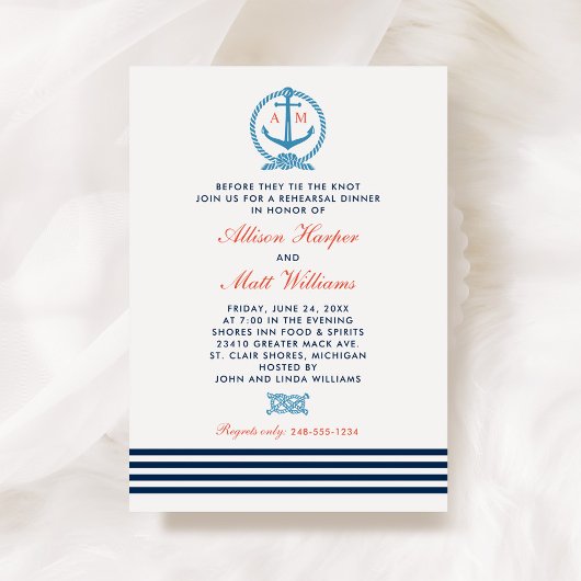 Invitation Dîner de Nautical Navy Blue Red Wedding Rehearsal