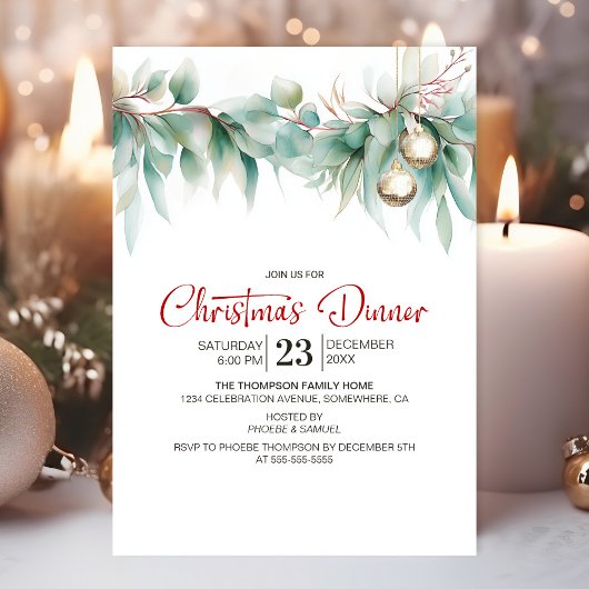 Invitation Dîner de Noël à la verdure aquarelle