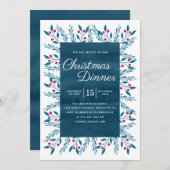 Invitation Dîner de Noël Aquarelle bleue Florale (Devant / Derrière)