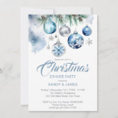 Invitation Diner de Noël argent bleu baubles (Devant)