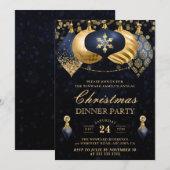 Invitation Dîner de Noël aux Baubles Élégants Bleu Marine et (Devant / Derrière)