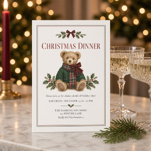 Invitation Dîner de Noël avec un ours en peluche tartan chic
