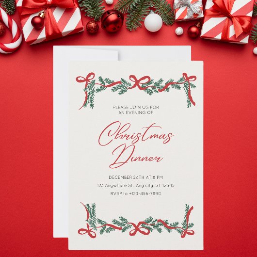 Invitation Dîner de Noël beige et rouge