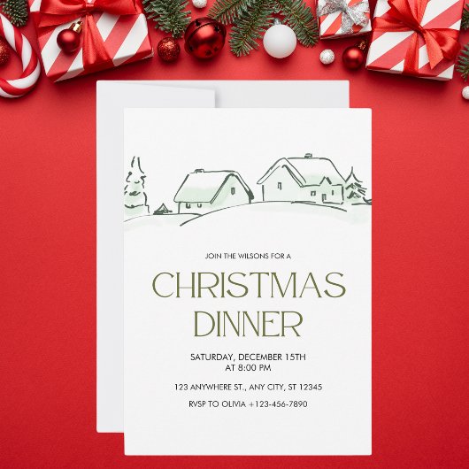 Invitation Dîner de Noël blanc et vert simple