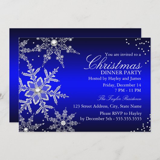 Invitation Dîner de Noël Blue Crystal Snowflake (Devant / Derrière)