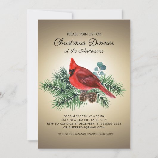 Invitation Dîner de Noël Cardinal Branches de Pin Oiseau Roug (Devant)