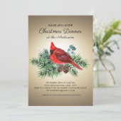 Invitation Dîner de Noël Cardinal Branches de Pin Oiseau Roug (Debout devant)