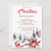 Invitation Dîner de Noël classique rouge baubles ruban (Devant)
